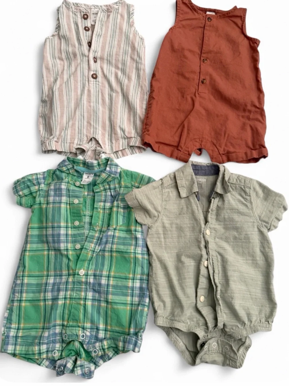 Mixed 4-Pack Baby Romper Set - Green Plaid, Rust, Beige, Striped